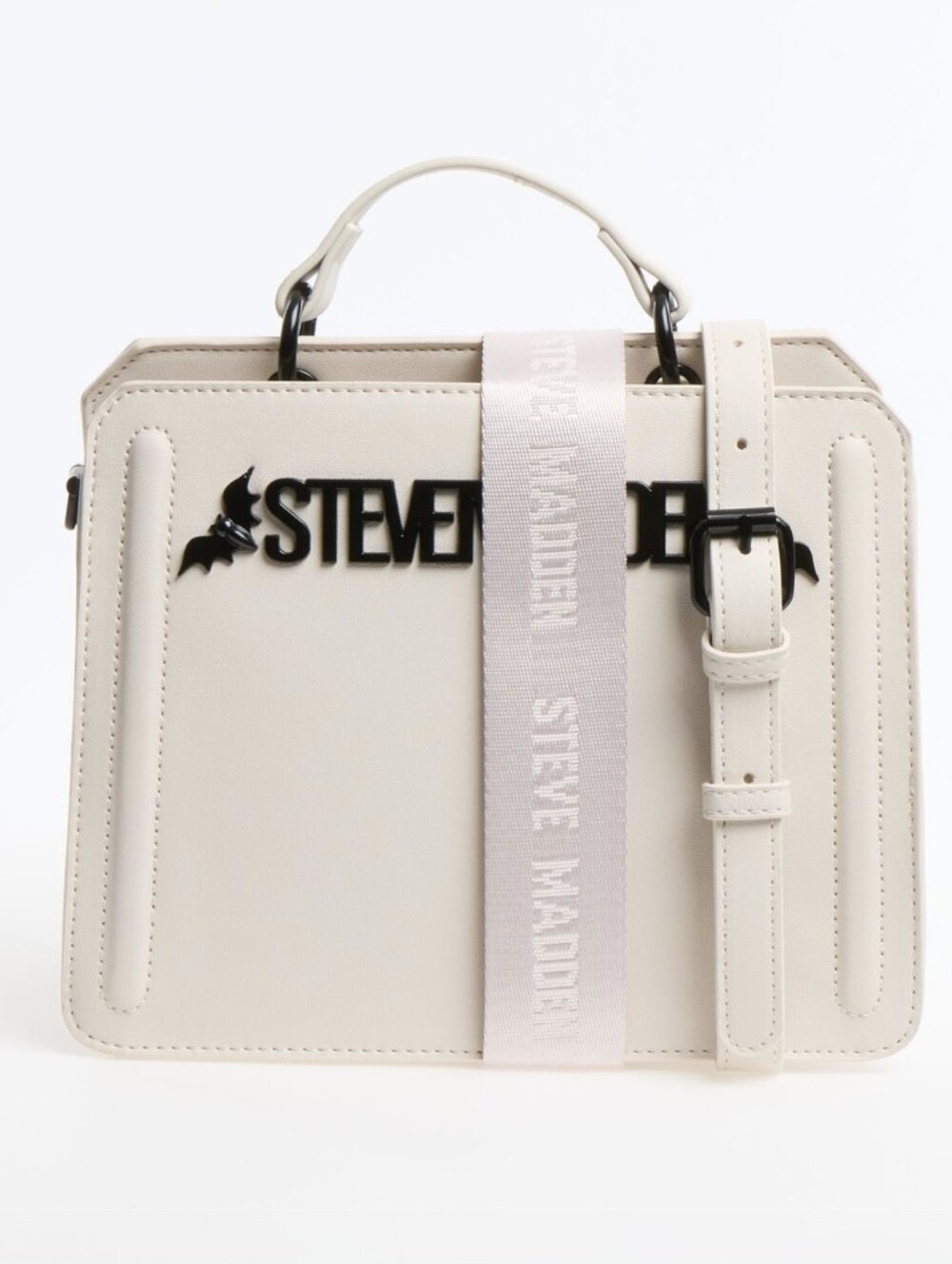 Steve Madden Cream Structured Crossbody Satchel with Logo Strap